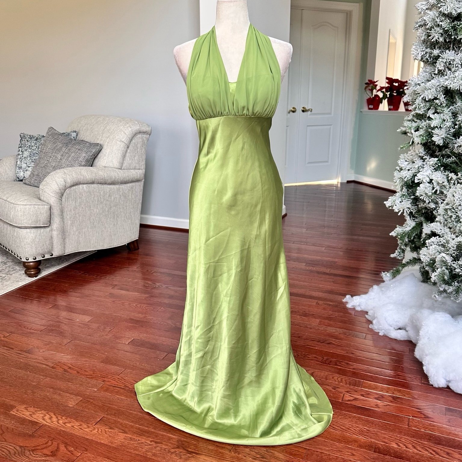Vintage Betsy & Adam Light Green Satin Halter Plunge Gown Dress Size 8